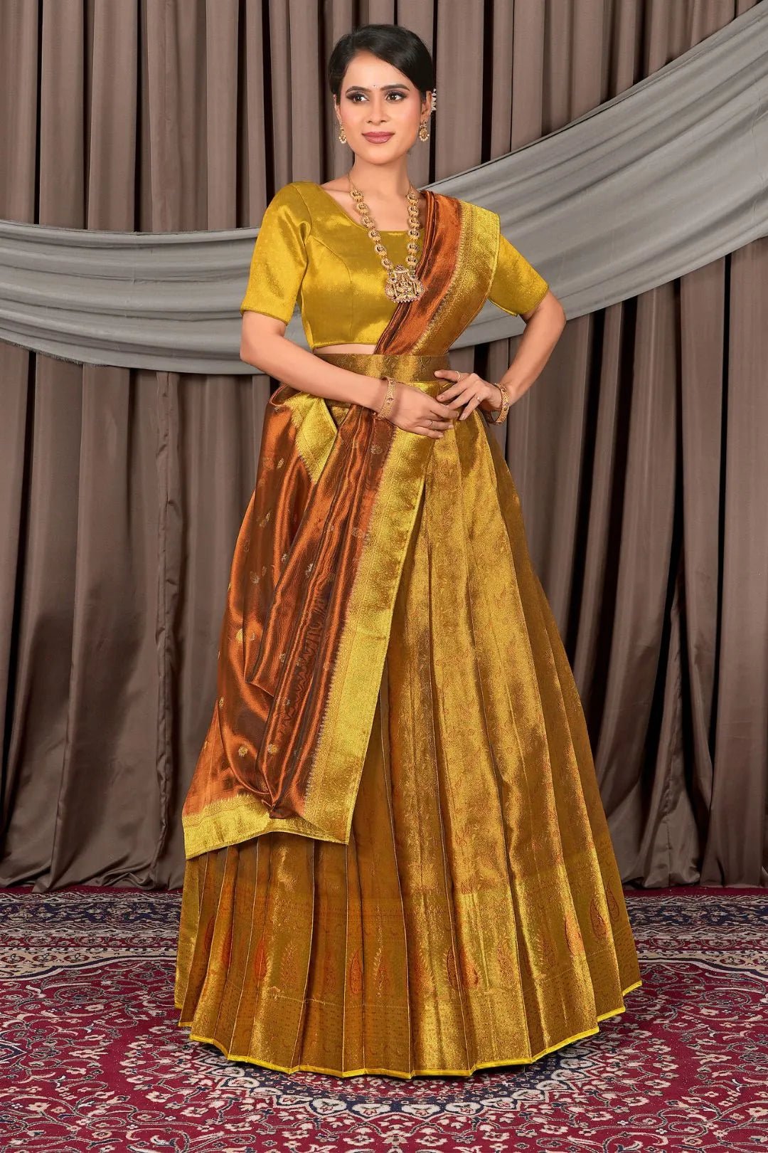 Gold Pure Two Tone Zari Tissue Pattu Half Saree For Women - Gajiwala