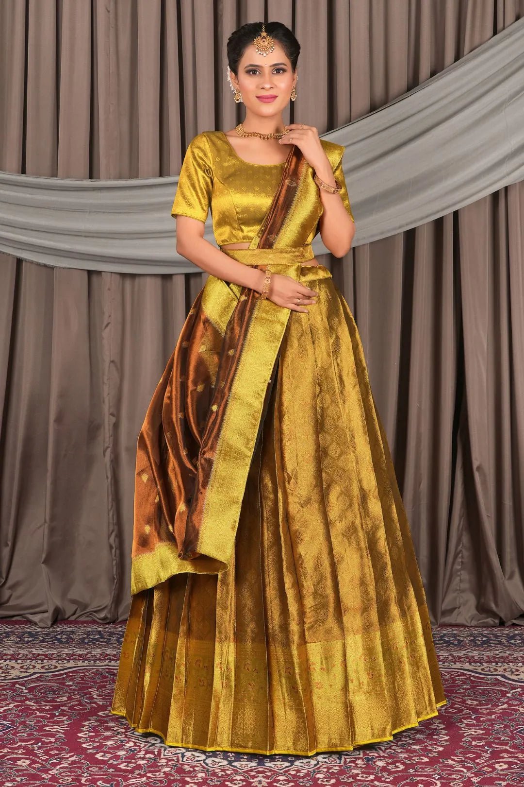 Gold Pure Two Tone Zari Tissue Pattu Half Saree For Women - Gajiwala