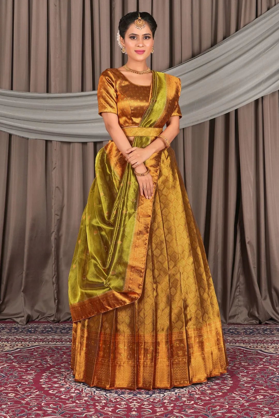 Gold Pure Two Tone Zari Tissue Pattu Half Saree For Women - Gajiwala