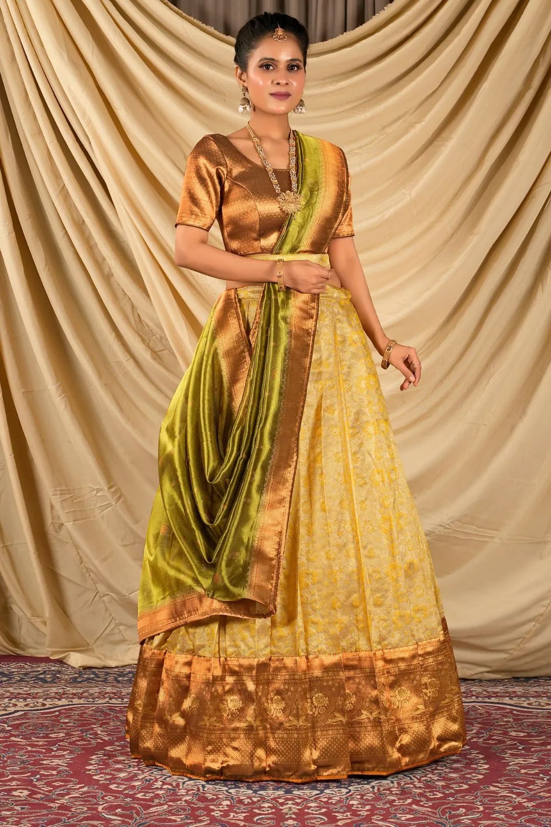 Gold Self Jacquard Silk Lehenga Choli With Zari Woven - Gajiwala