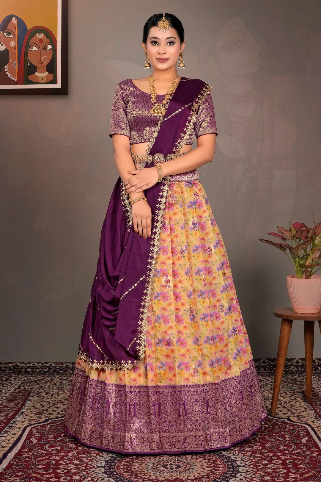 Gold Zari Tissue Lehenga Choli With Digital Print - Gajiwala
