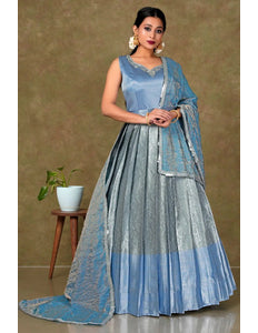 Gray Banarasi Long Gown With Dupatta For Women - Gajiwala