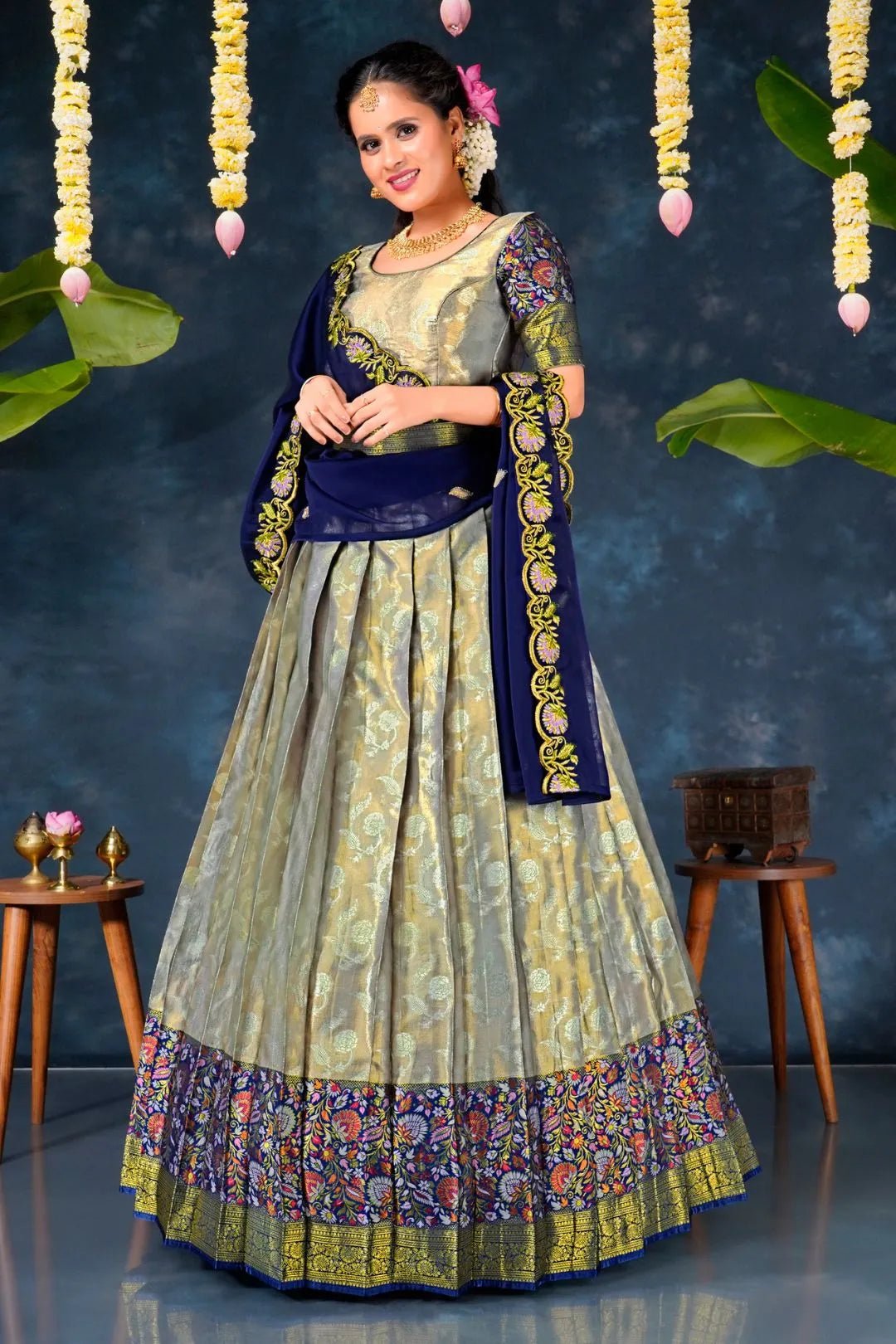 Gray Banarasi Silk Pattu Half Saree With Zari Work - Gajiwala