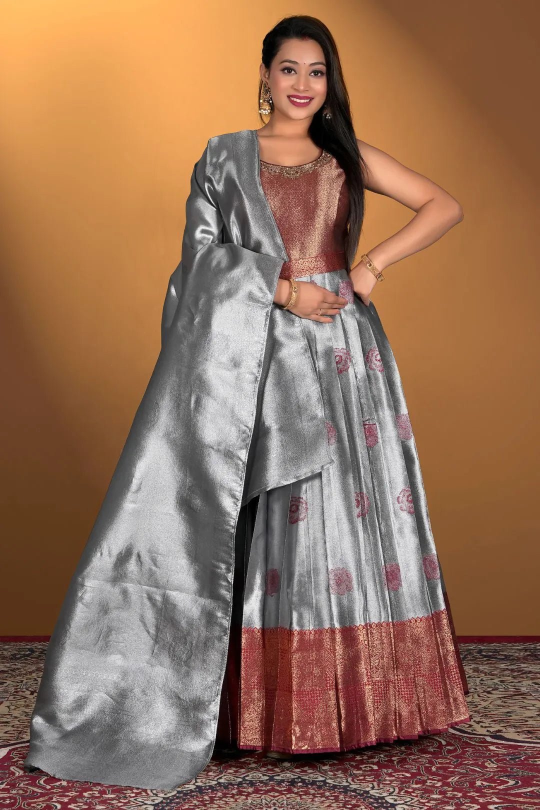 Gray Banarasi Silk Zari Woven Gown With Dupatta - Gajiwala