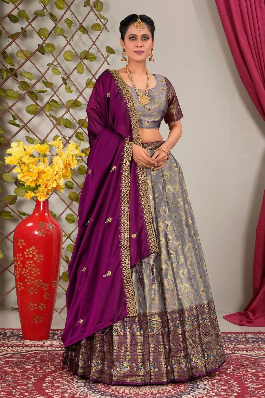 Gray Banarasi Zari Silk Lehenga Choli for Women - Gajiwala