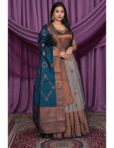 Gray Designer Banarasi Gown With Dupatta - Gajiwala