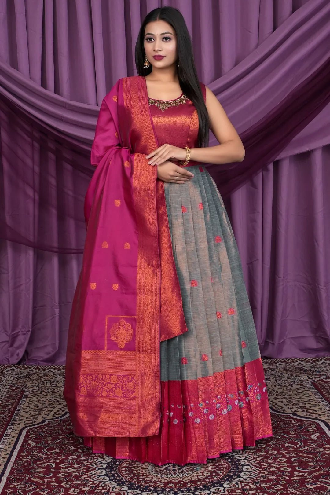 Gray Designer Banarasi Gown With Dupatta - Gajiwala