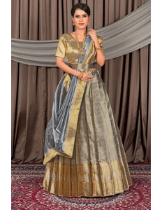 Gray Pure Two Tone Zari Tissue Pattu Half Saree For Women - Gajiwala