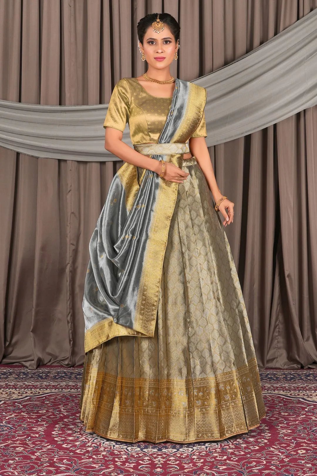 Gray Pure Two Tone Zari Tissue Pattu Half Saree For Women - Gajiwala