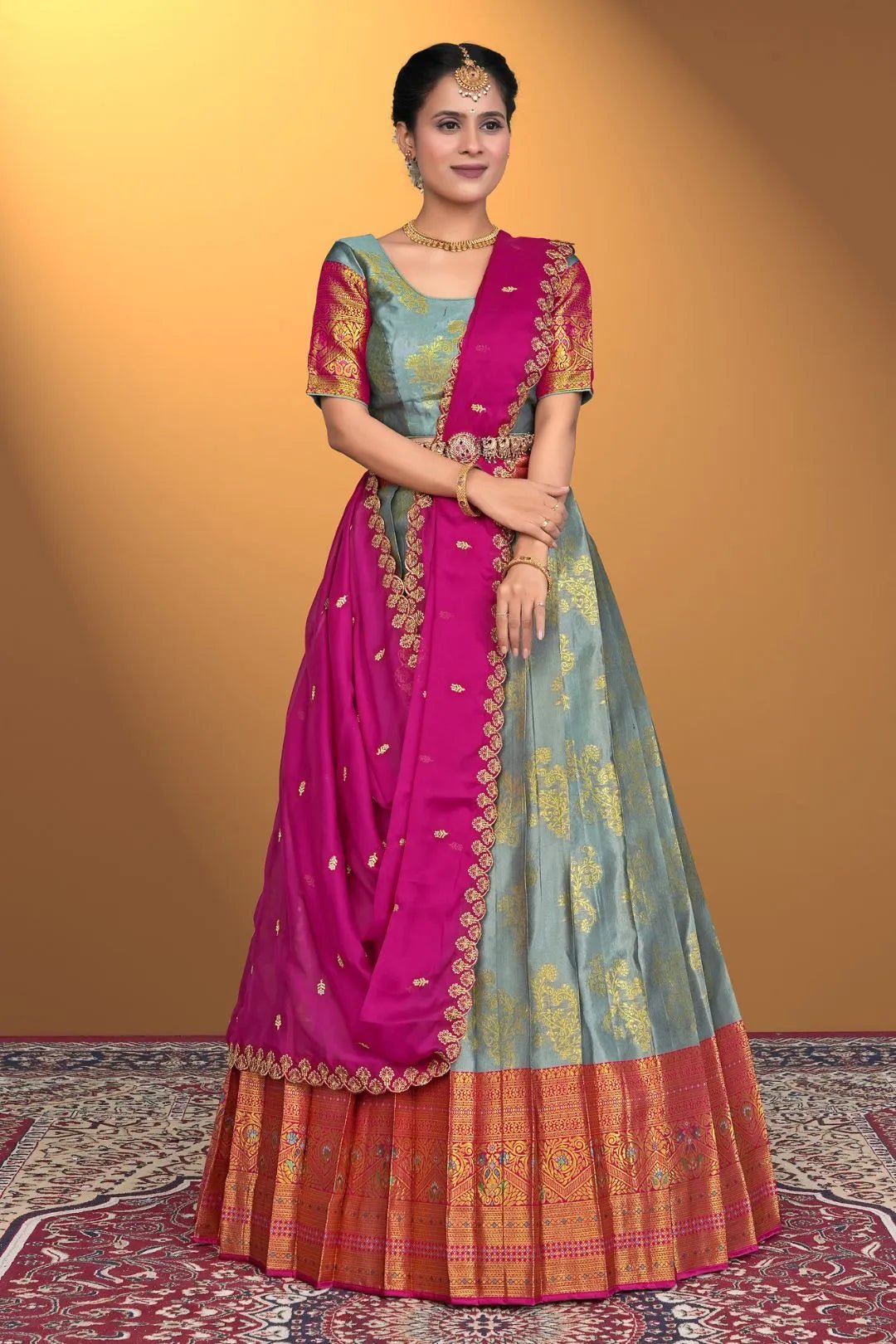Gray Semi - Stitched Lehenga Choli In Banarasi Silk - Gajiwala
