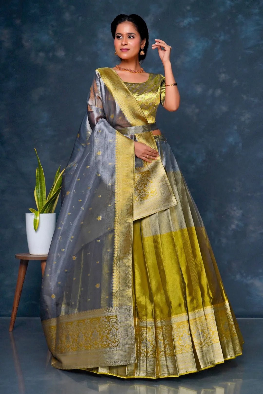 Gray Tissue Silk Lehenga Choli With Zari Work - Gajiwala