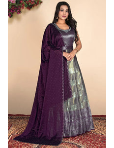 Gray Zari Silk Zari Woven Gown With Dupatta - Gajiwala
