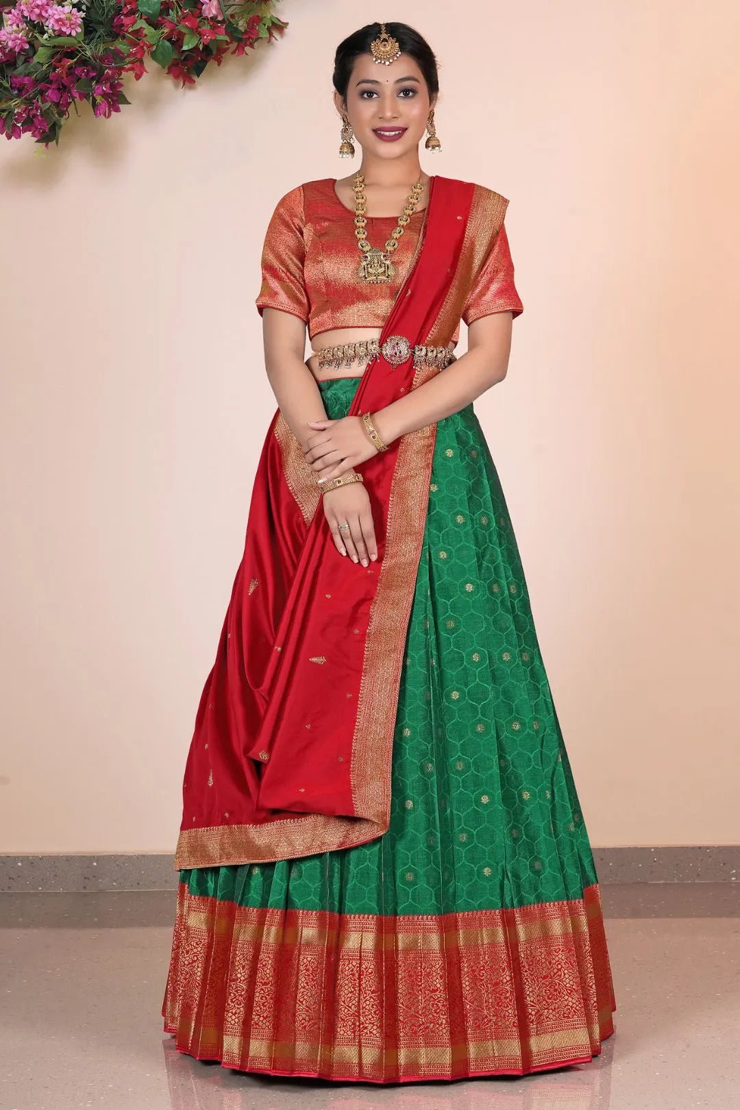 Green Banarasi Silk Pattu Pavadai For Women - Gajiwala