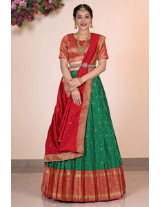 Green Banarasi Silk Pattu Pavadai For Women - Gajiwala