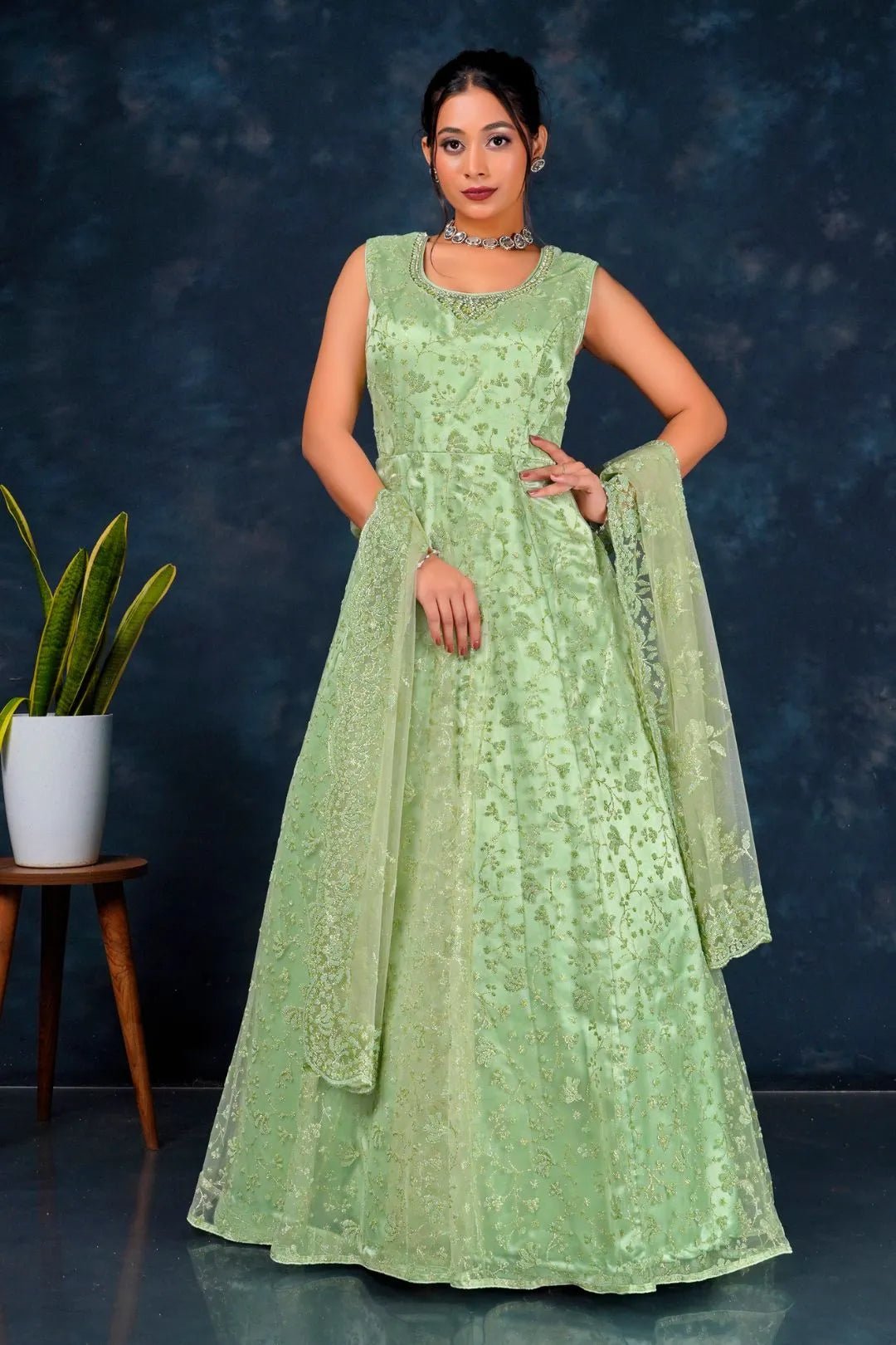 Green Colour Party Wear Net Gown For Women - Gajiwala