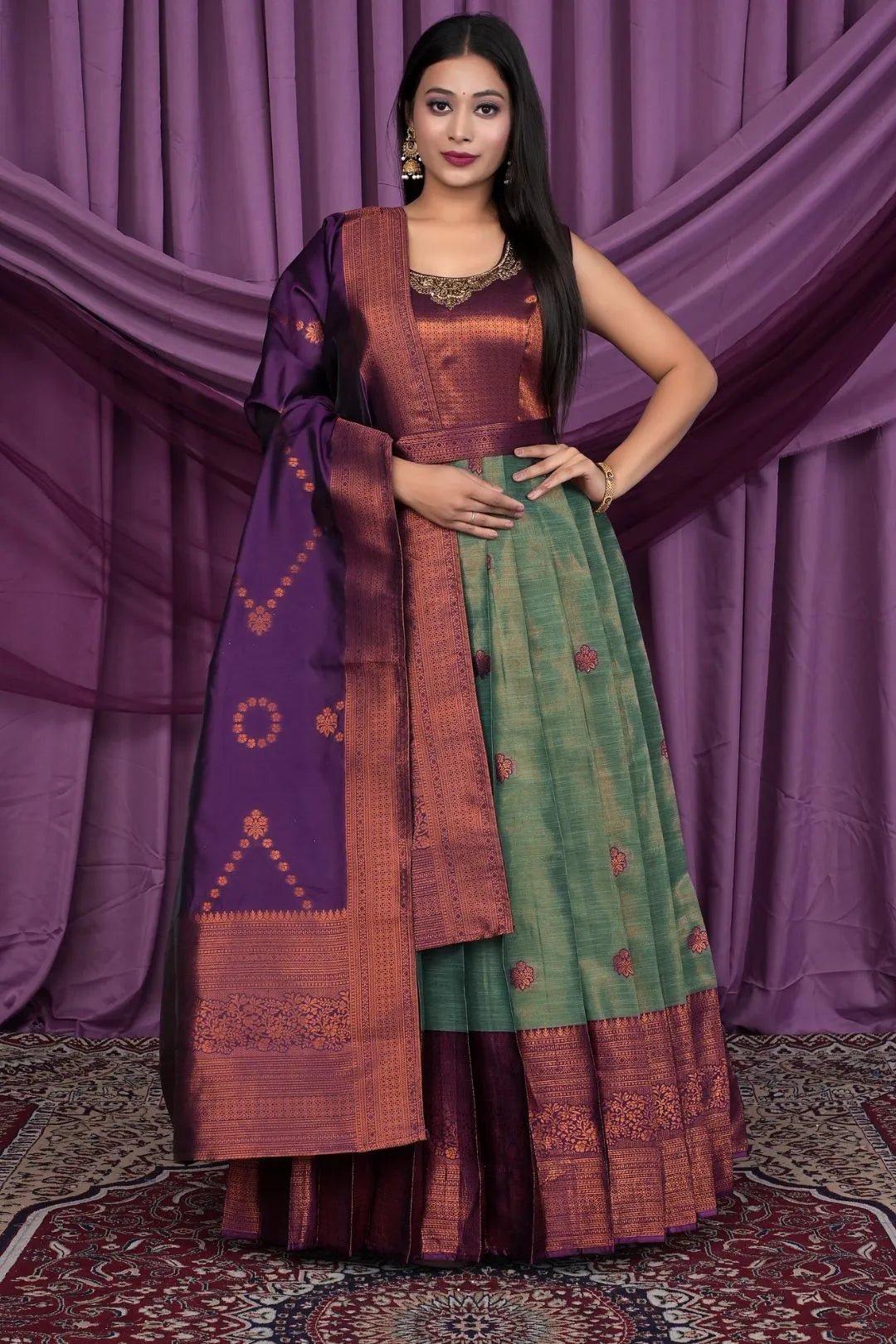 Green Designer Banarasi Gown With Dupatta - Gajiwala