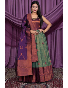 Green Designer Banarasi Gown With Dupatta - Gajiwala