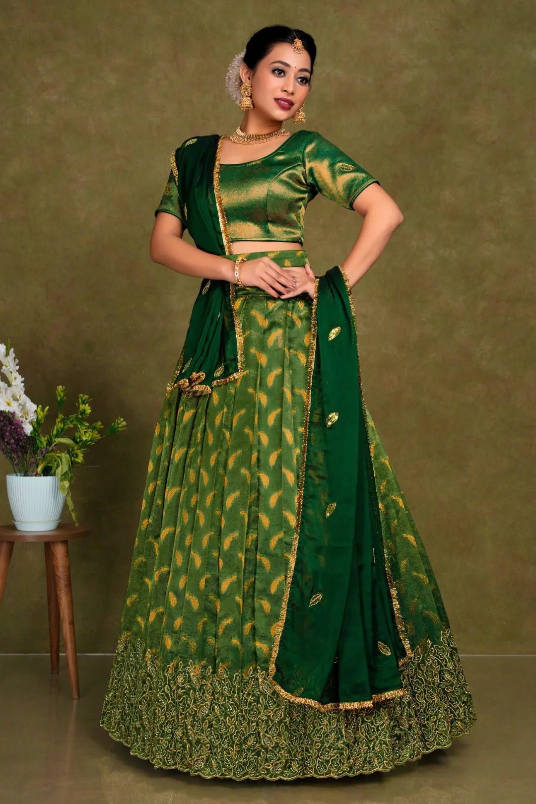 Green Designer Lehenga Choli in Tissue Silk For Women - Gajiwala