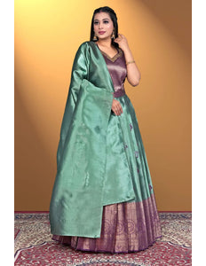 Green Designer Zari Silk Gown With Dupatta - Gajiwala