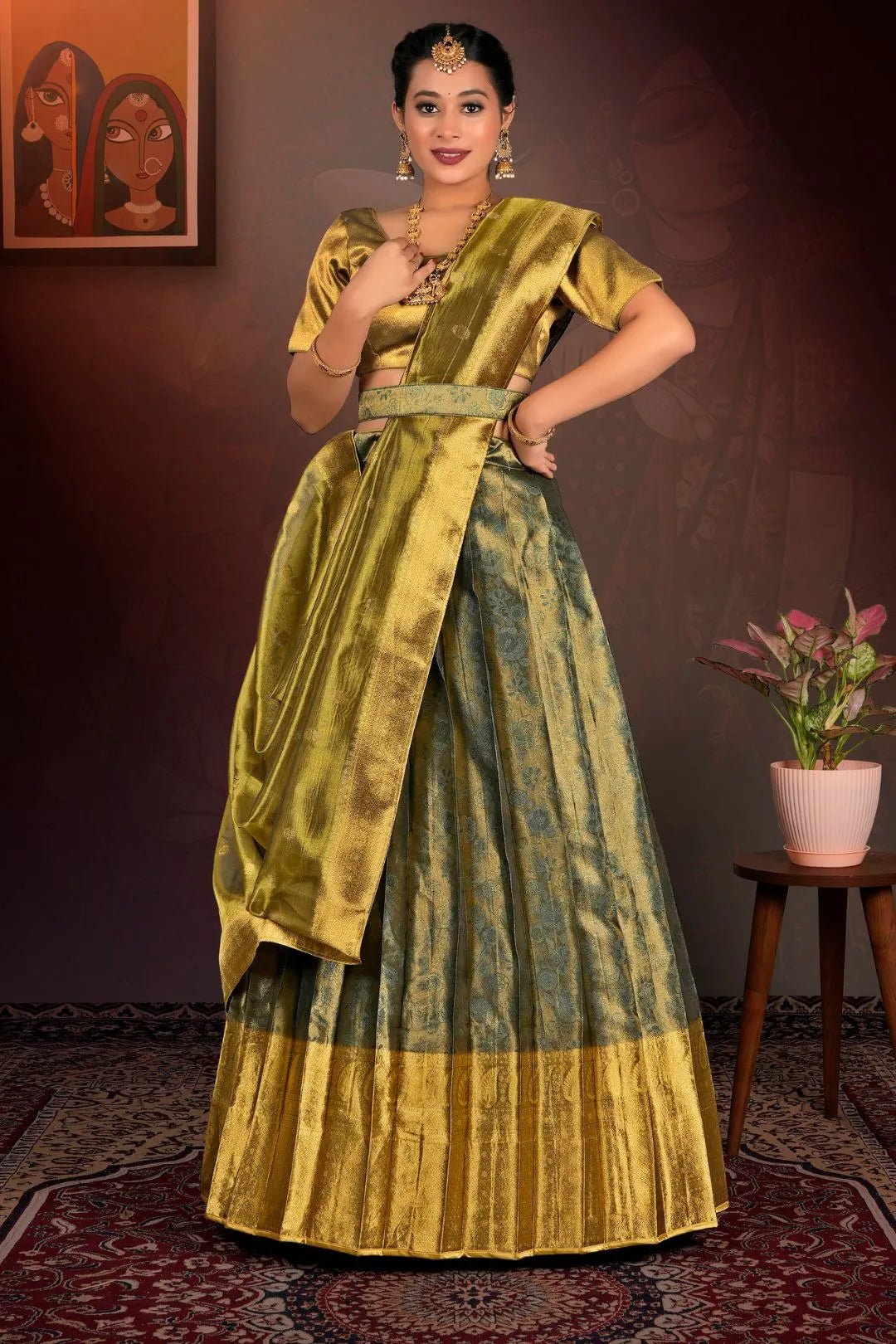Green Pure Two Tone Zari Tissue Lehenga Choli with Zari Work - Gajiwala