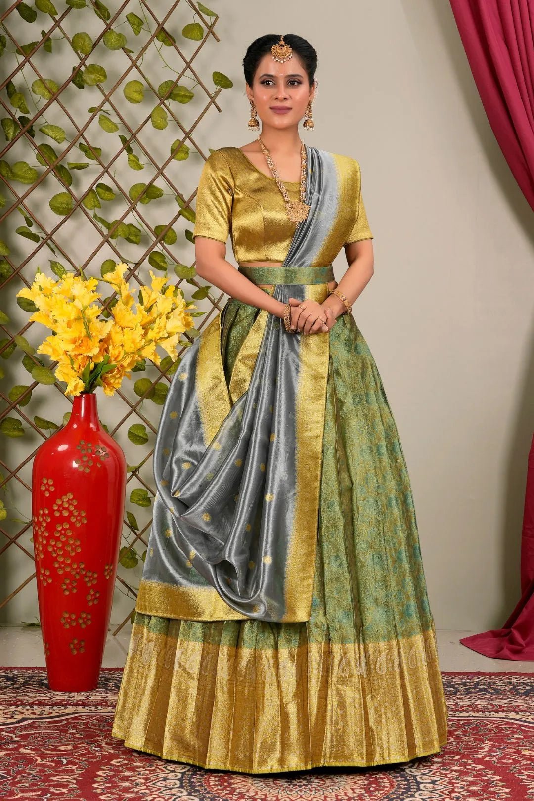 Green Pure Two Tone Zari Tissue Pattu Lehenga Choli - Gajiwala