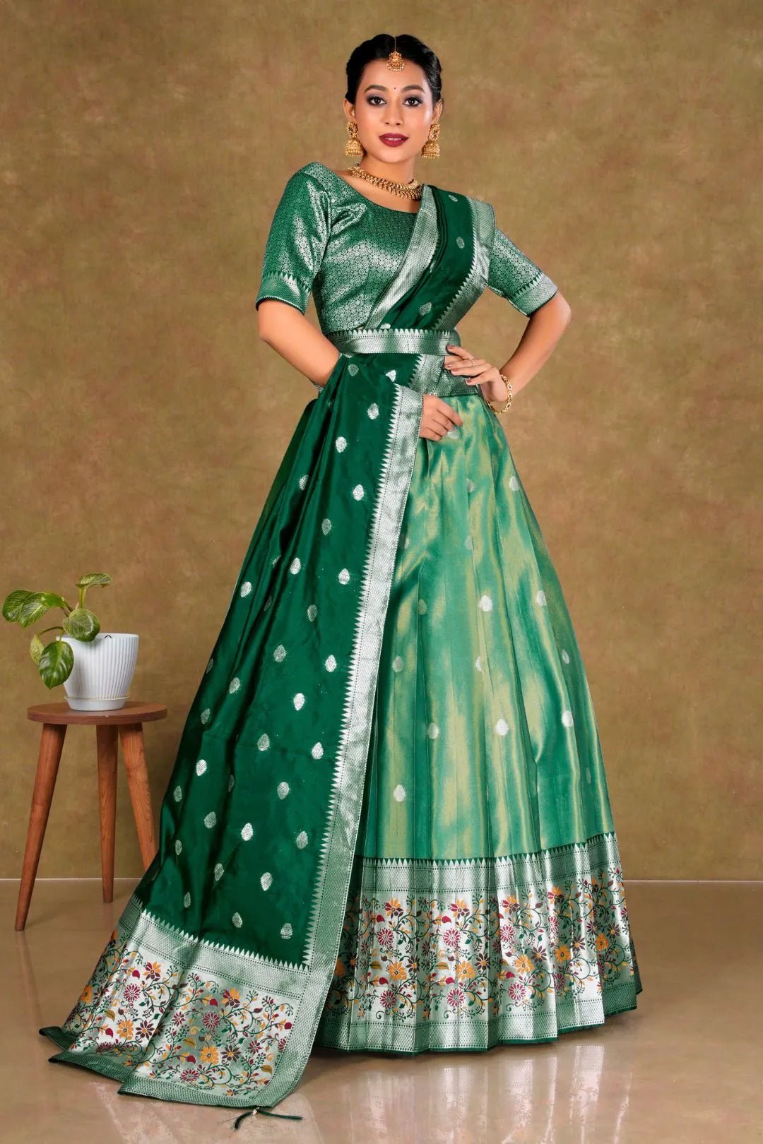 Green Simar Chiffon Lehenga Choli with Banarasi Dupatta - Gajiwala