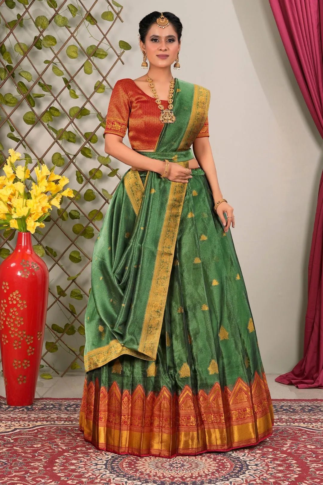 Green Tissue Silk Lehenga Choli with Dupatta For Women - Gajiwala