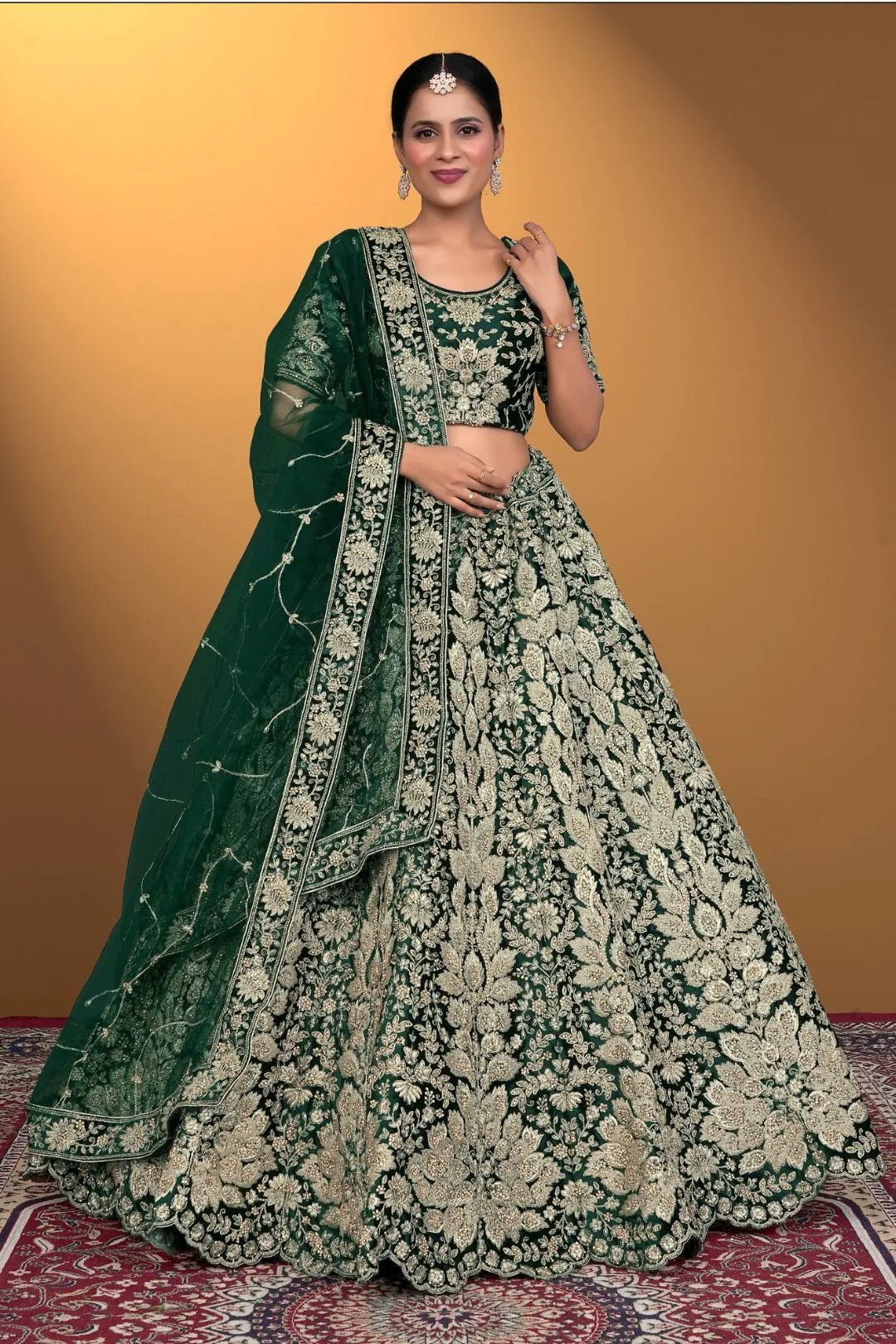 Green Velvet Lehenga Choli With Net Dupatta For Women - Gajiwala