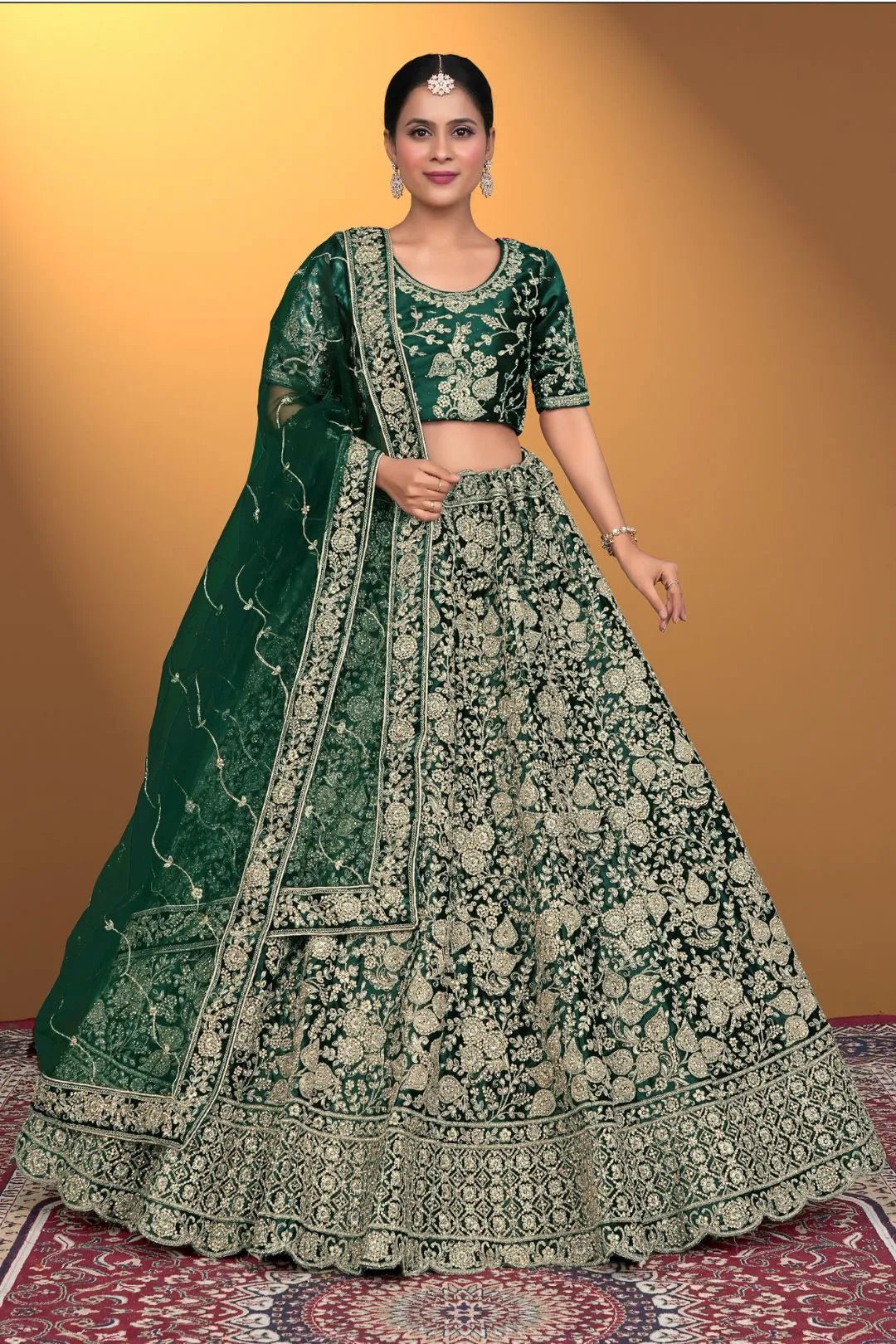 Green Velvet Lehenga Choli With Net Dupatta For Women - Gajiwala