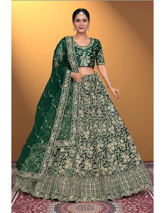 Green Velvet Lehenga Choli With Net Dupatta For Women - Gajiwala