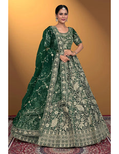 Green Velvet Lehenga Choli With Net Dupatta For Women - Gajiwala