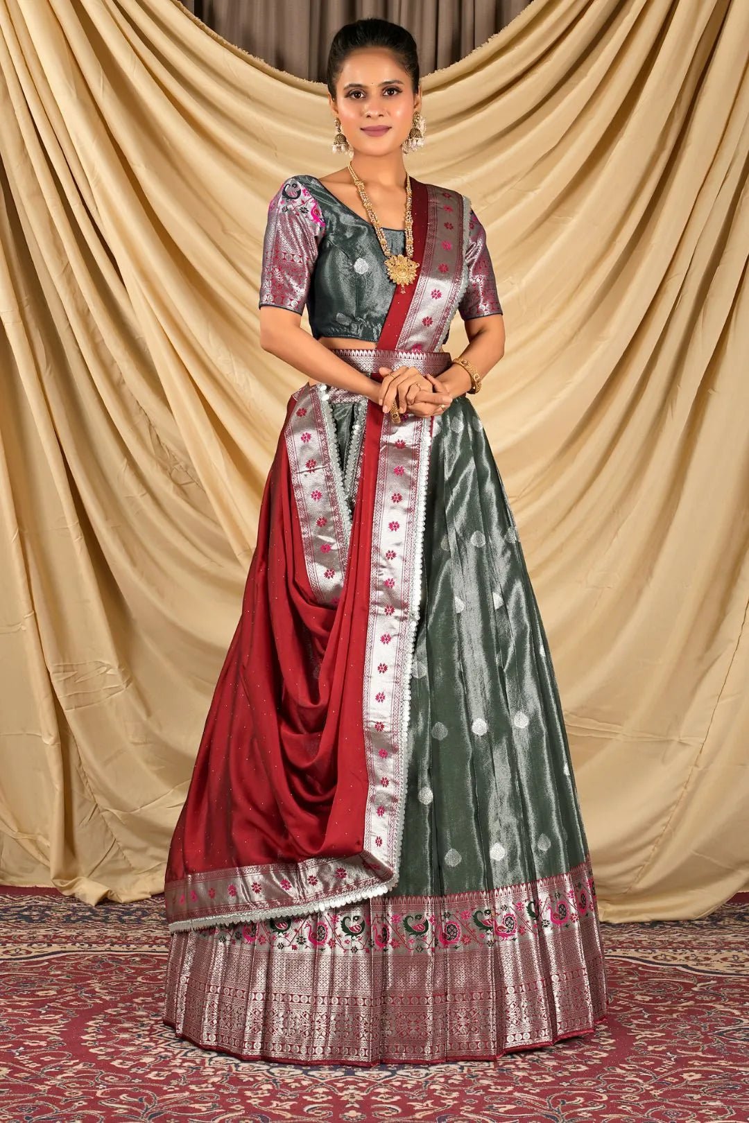 Green Zari Banarasi Silk Half Saree For Women - Gajiwala