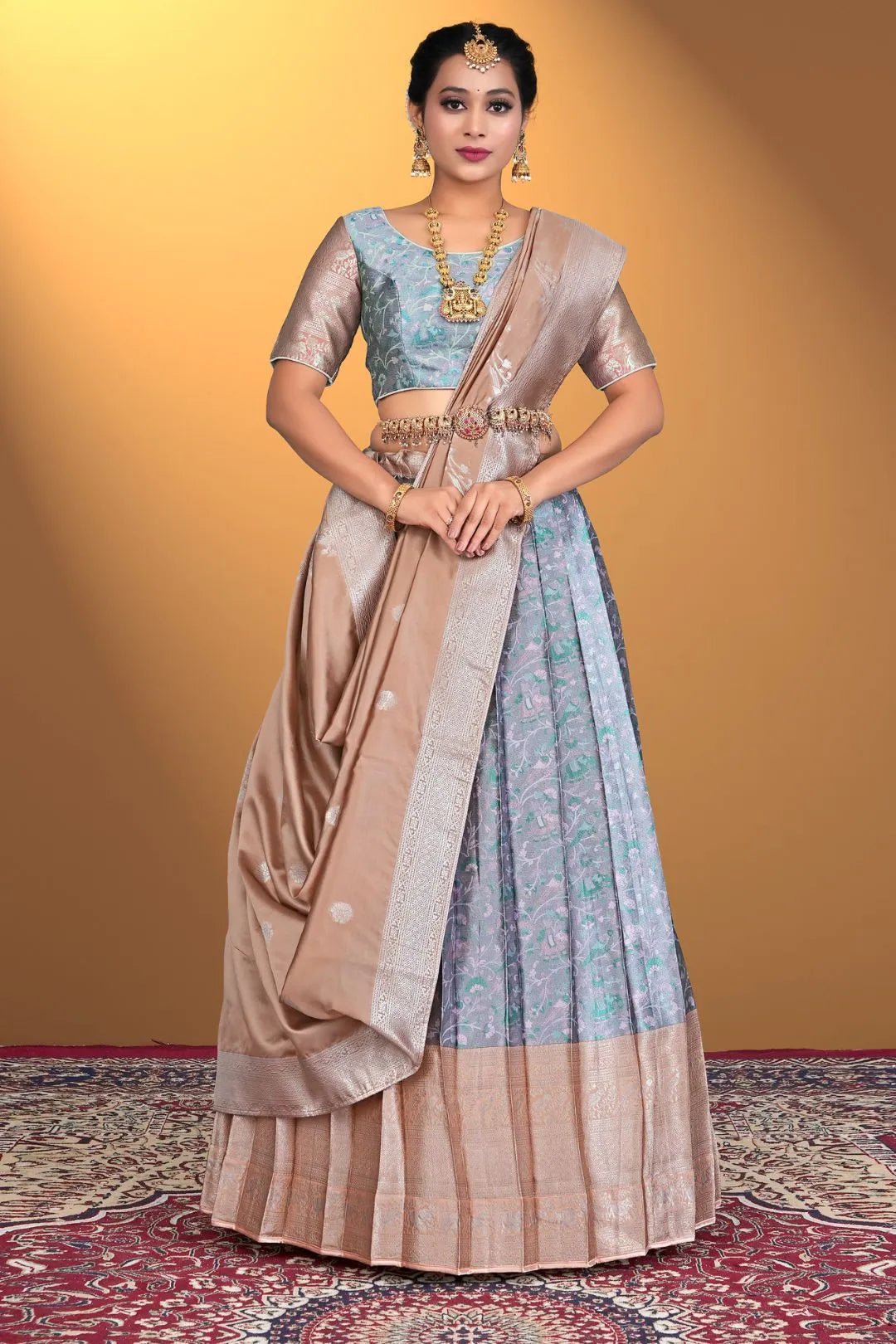 Lavender Banarasi Zari Silk Half Saree With For Women - Gajiwala