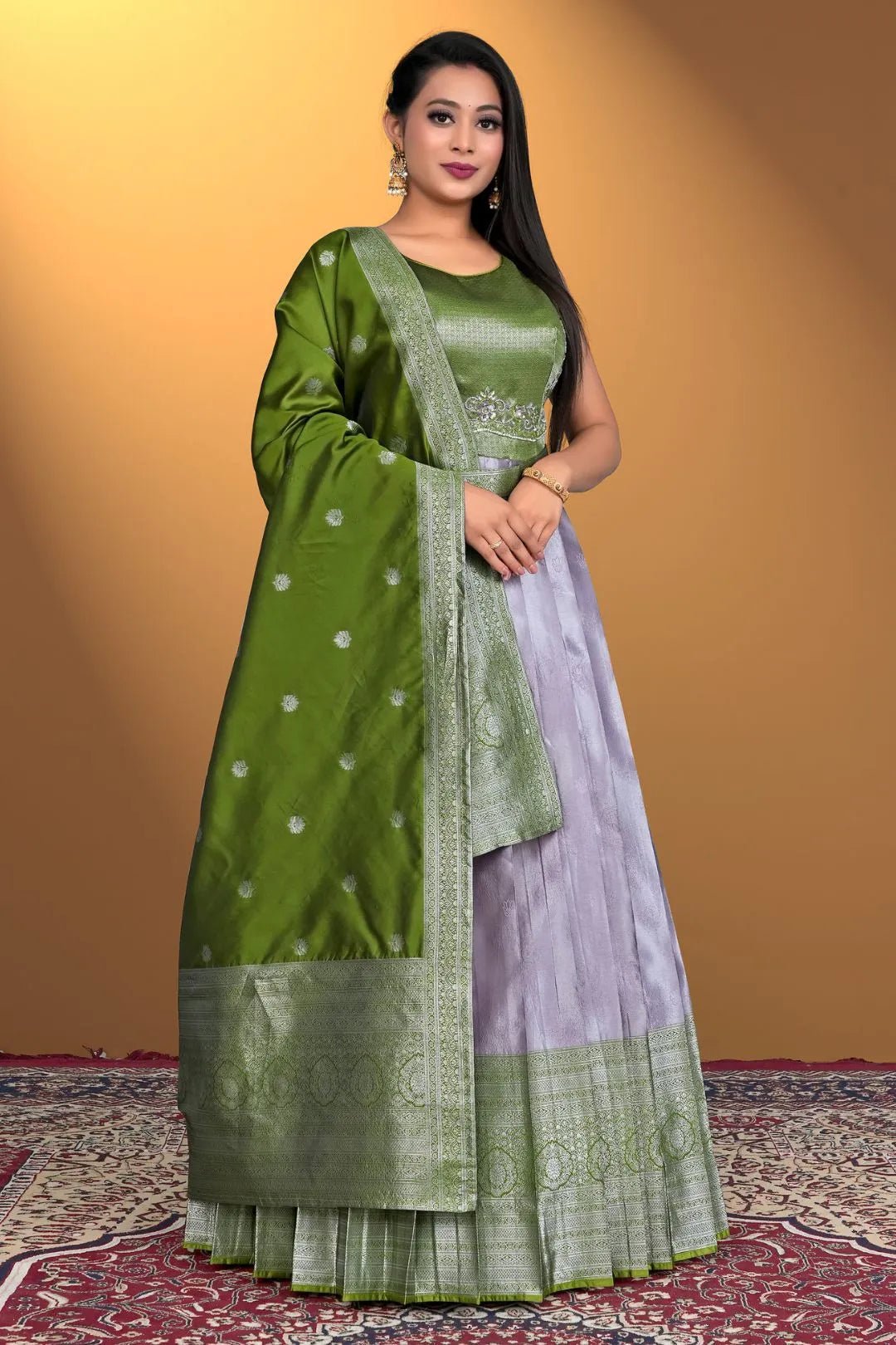 Lavender Designer Banarasi Gown With Dupatta - Gajiwala