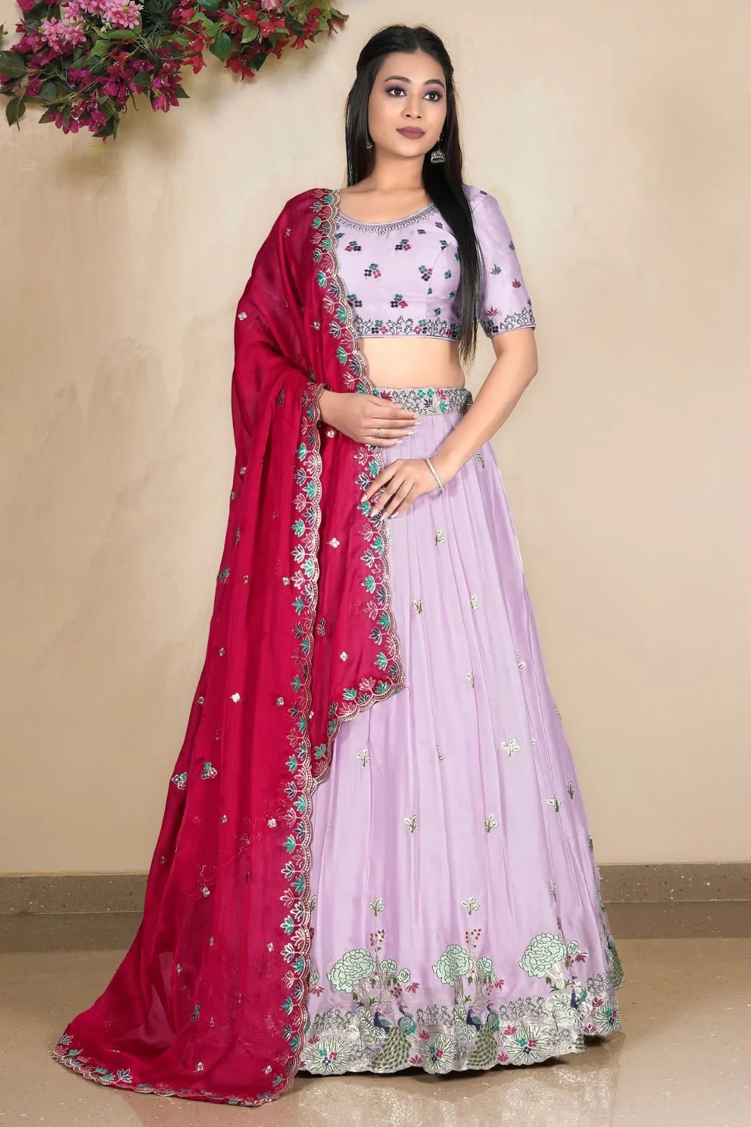 Lavender Embroidered Lehenga Choli In Satin Chiffon Fabric - Gajiwala
