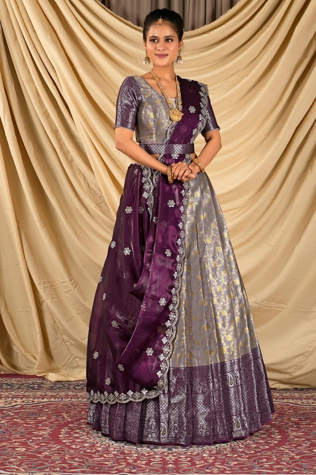 Lavender Zari Tissue Half Saree with Zari Woven For Women - Gajiwala
