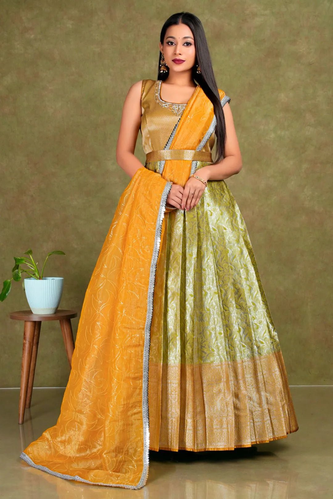 Lemon Banarasi Long Frock With Dupatta For Women - Gajiwala