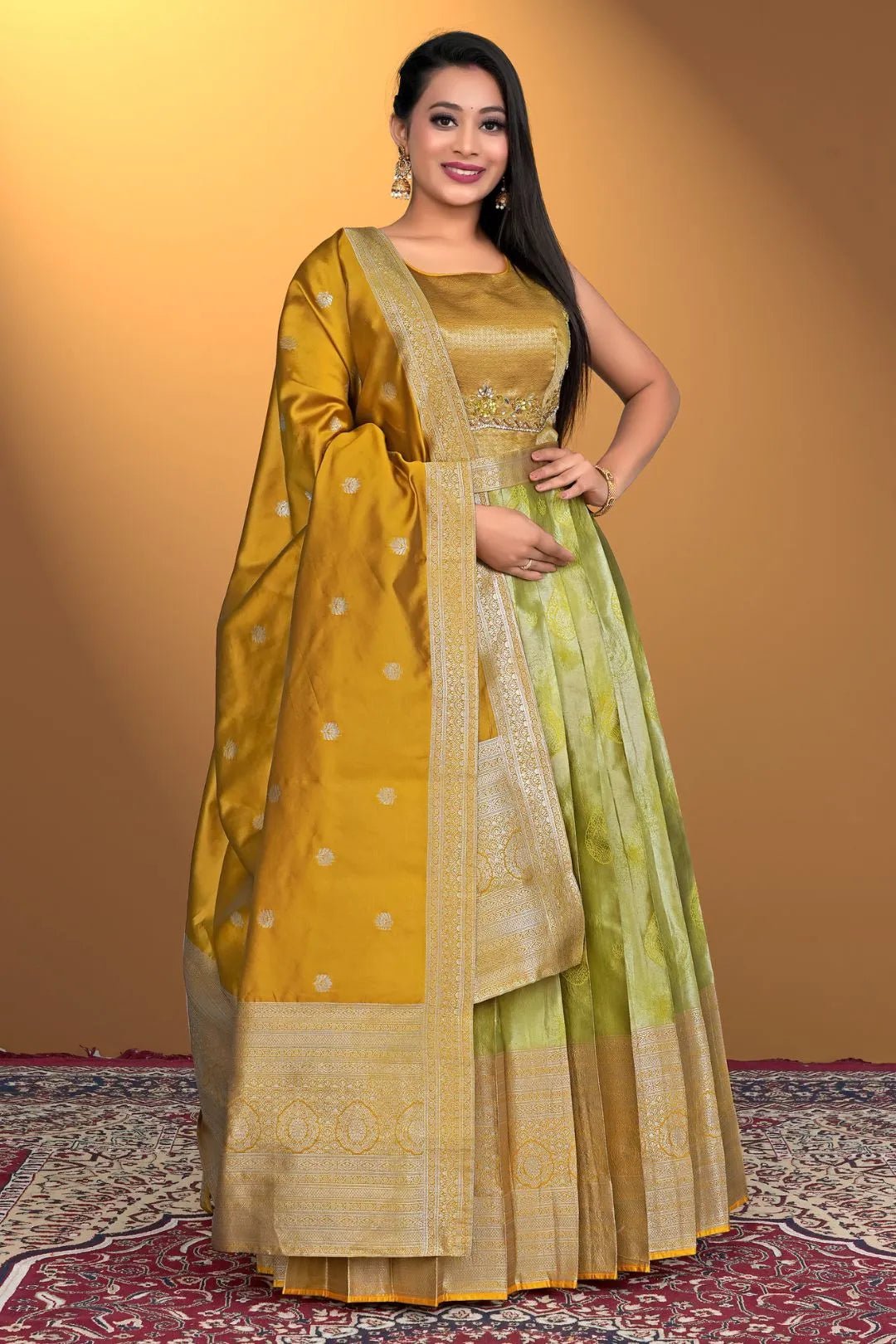 Lemon Designer Banarasi Gown With Dupatta - Gajiwala