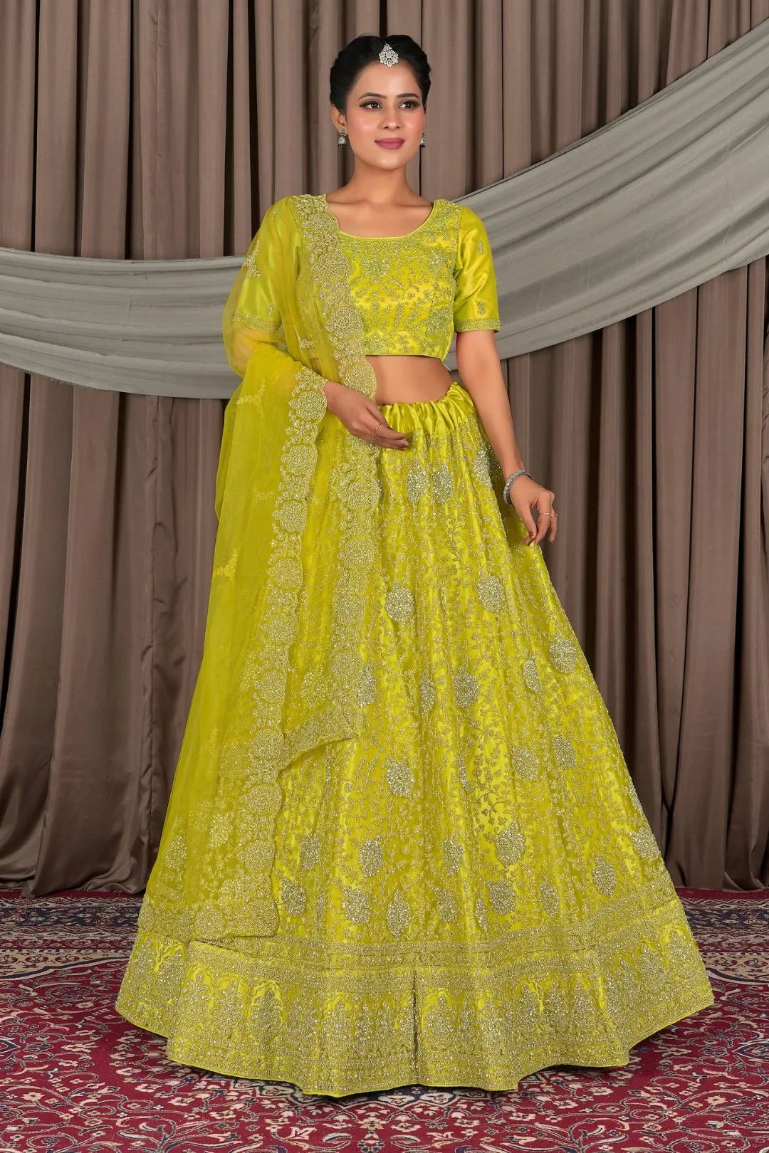 Lemon Embroidered Bridesmaid Lehenga Choli In Net - Gajiwala
