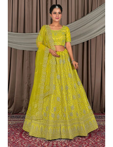 Lemon Embroidered Bridesmaid Lehenga Choli In Net - Gajiwala