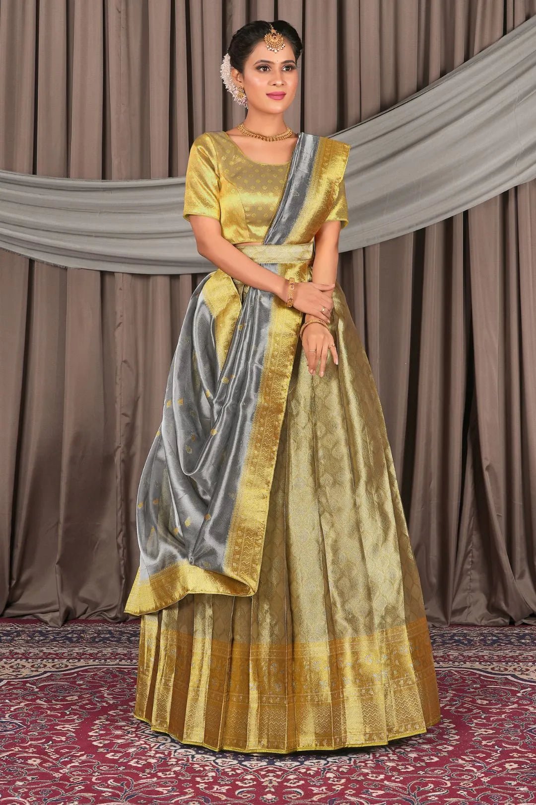 Light Gold Pure Two Tone Zari Tissue Pattu Half Saree For Women - Gajiwala