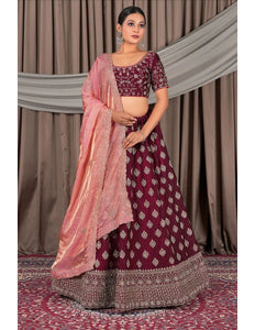 Maroon Fendy Silk Semi - Stitched Lehenga For Women - Gajiwala