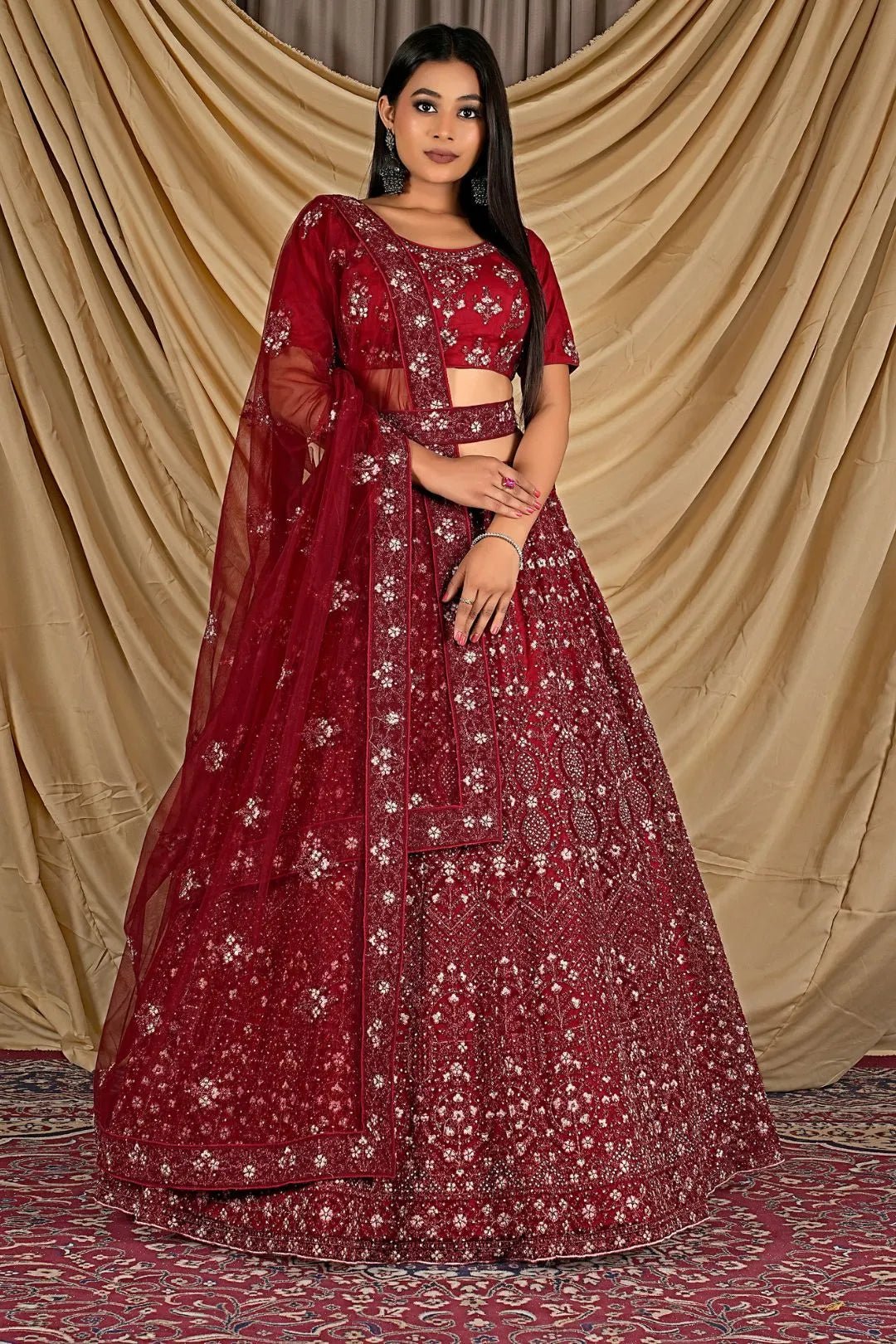 Maroon Party Wear Embroidered Net Lehenga Choli For Women - Gajiwala