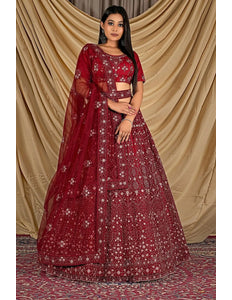 Maroon Party Wear Embroidered Net Lehenga Choli For Women - Gajiwala