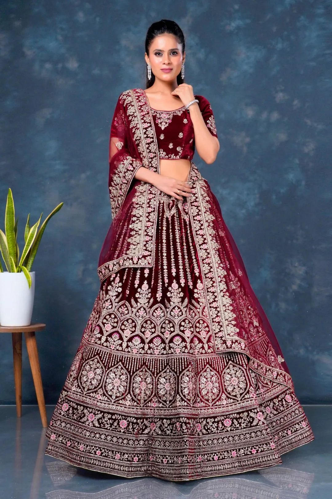 Maroon Velvet Bridal Lehenga Choli For Wedding - Gajiwala