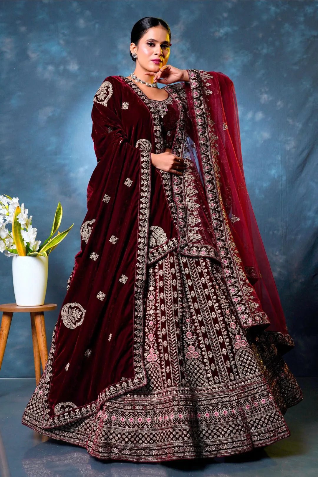 Maroon Velvet Designer Bridal Lehenga Choli Latest Design - Gajiwala