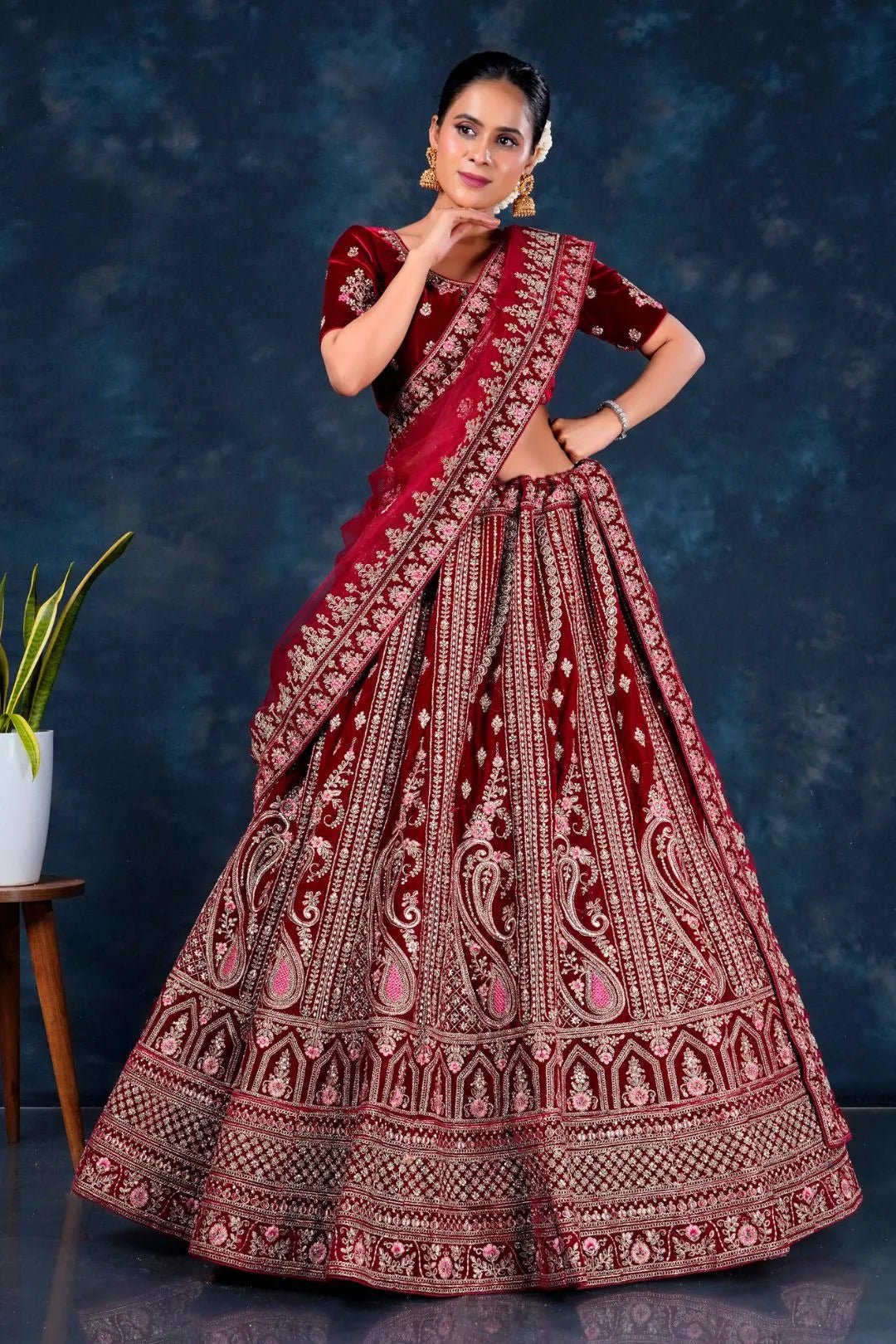 Maroon Velvet Heavy Bridal Lehenga Choli For Wedding - Gajiwala