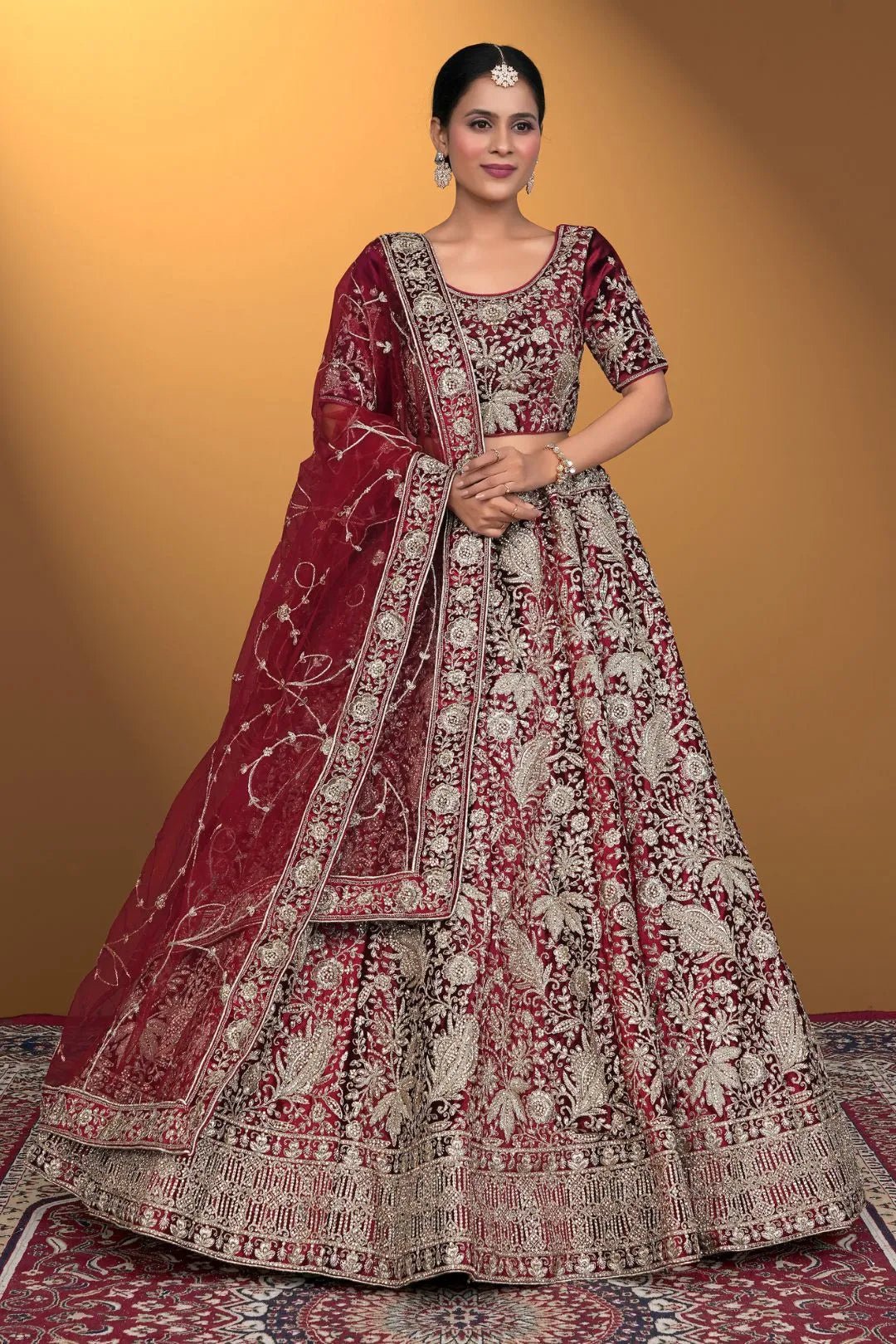 Maroon Velvet Lehenga Choli With Net Dupatta For Women - Gajiwala