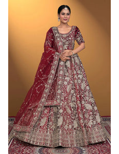 Maroon Velvet Lehenga Choli With Net Dupatta For Women - Gajiwala