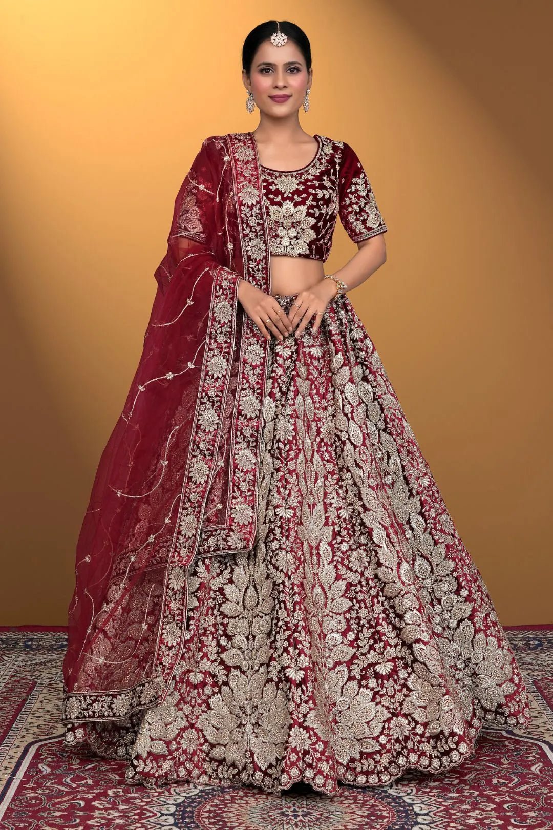 Maroon Velvet Lehenga Choli With Net Dupatta For Women - Gajiwala